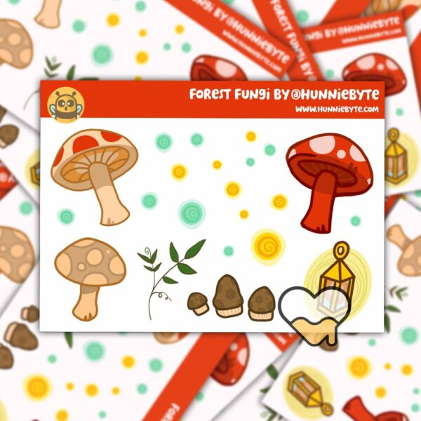 This image shows an adorable hand-drawn mini sticker sheet, Forest Fungi Mini Sticker Sheet, which is available to purchase from HunnieByte.com