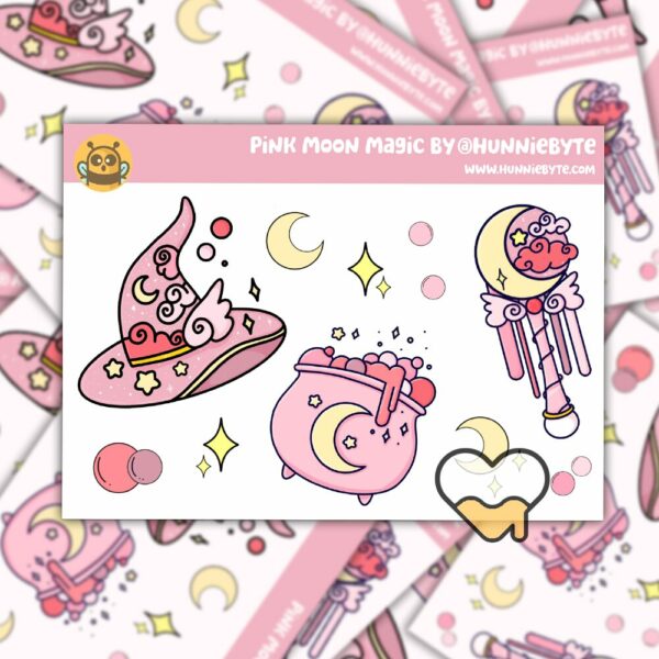 This image shows an adorable hand-drawn mini sticker sheet, Pink Moon Magic Mini Sticker Sheet, which is available to purchase from HunnieByte.com