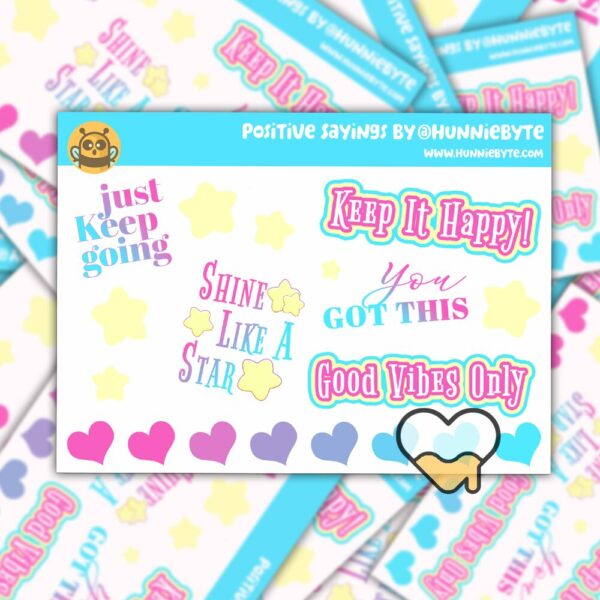 This image shows an adorable hand-drawn mini sticker sheet, Positive Sayings Mini Sticker Sheet, which is available to purchase from HunnieByte.com