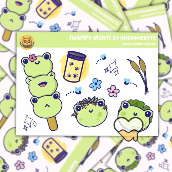 This image shows an adorable hand-drawn mini sticker sheet, Swampy Nights Mini Sticker Sheet, which is available to purchase from HunnieByte.com