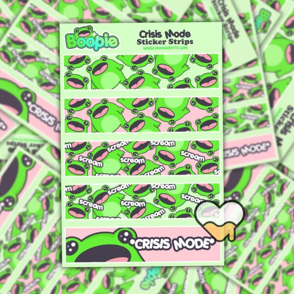 This image shows an adorable hand-drawn sticker sheet, Boopie Crisis Mode Sticker Sheet, which is available to purchase from HunnieByte.com