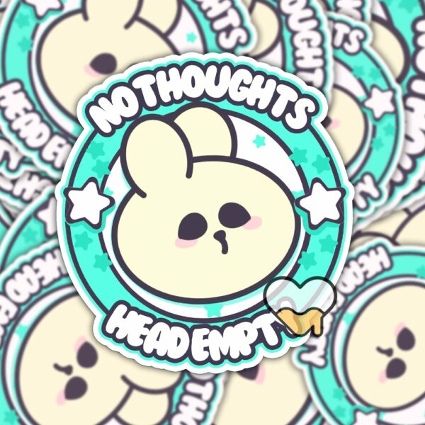 This image shows an hand-drawn adorable sticker, No Thoughts Head Empty Bunny Sticker, which is available to purchase from HunnieByte.com