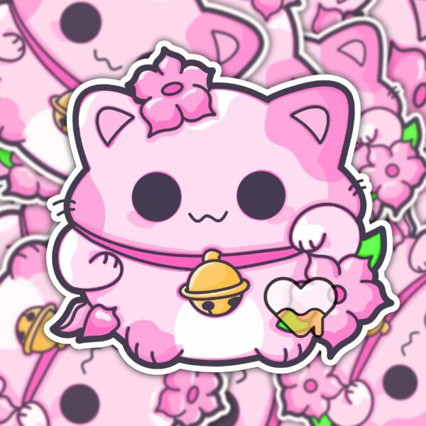 This image shows an hand-drawn adorable sticker, Pink Lotus Lucky Cat Sticker, which is available to purchase from HunnieByte.com