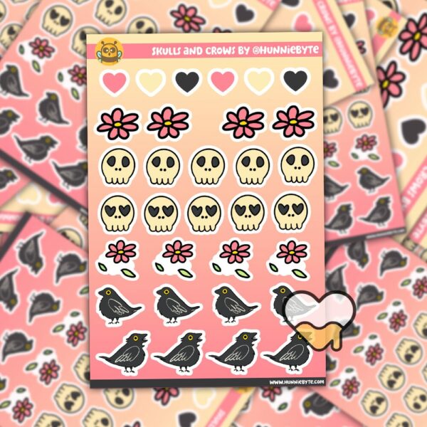 This image shows an adorable hand-drawn sticker sheet, Crow and Skulls Sticker Sheet, which is available to purchase from HunnieByte.com