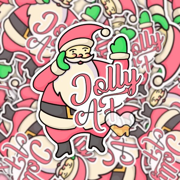 This image shows an adorable hand-drawn sticker, Jolly AF Santa Sticker, which is available to purchase from HunnieByte.com