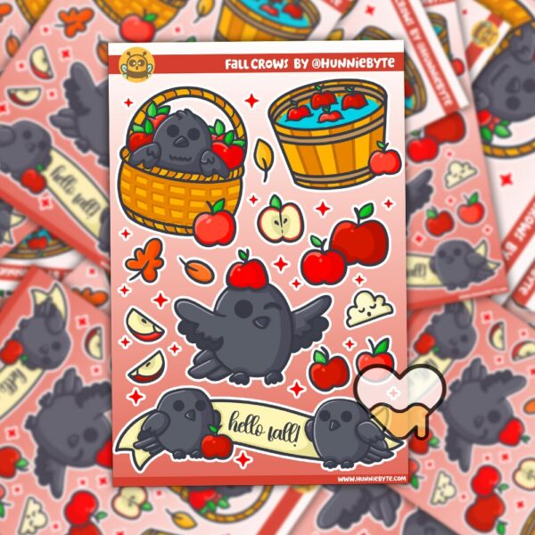 This image shows an adorable hand-drawn sticker sheet, Fall Crows Sticker Sheet, which is available to purchase from HunnieByte.com