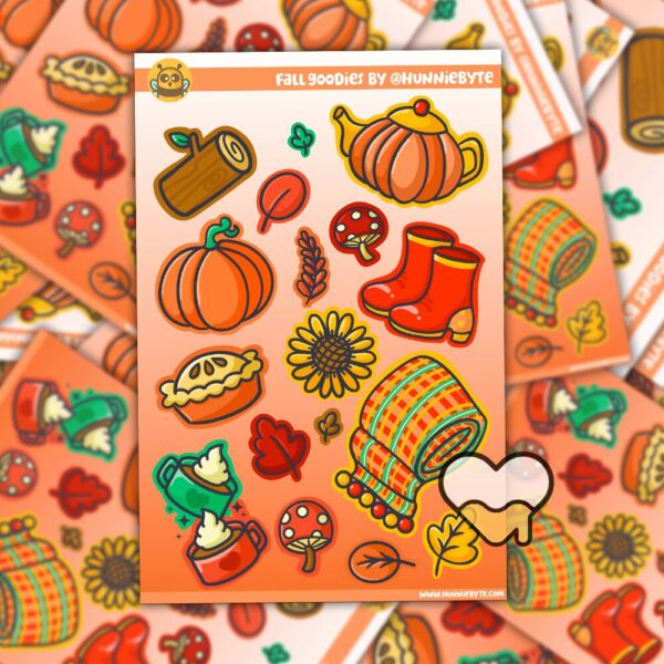 This image shows an adorable hand-drawn sticker sheet, Fall Goodies Sticker Sheet, which is available to purchase from HunnieByte.com