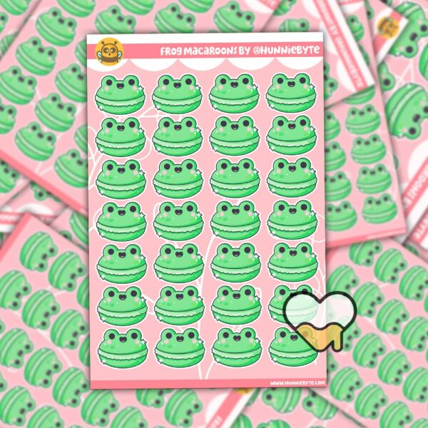 This image shows an adorable hand-drawn sticker sheet, Frog Macaroons Sticker Sheet, which is available to purchase from HunnieByte.com