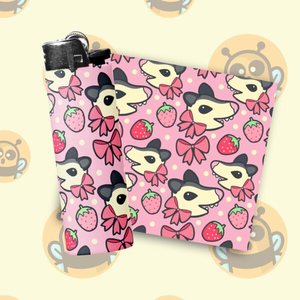 This image shows an adorable hand-drawn lighter wrap, Strawberry Possum Lighter Wrap, which is available to purchase from HunnieByte.com