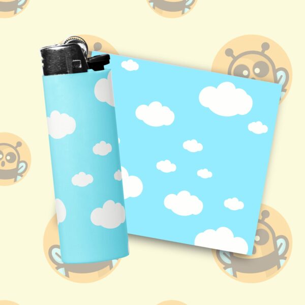 This image shows an adorable hand-drawn lighter wrap, Happy Clouds Lighter Wraps, which is available to purchase from HunnieByte.com