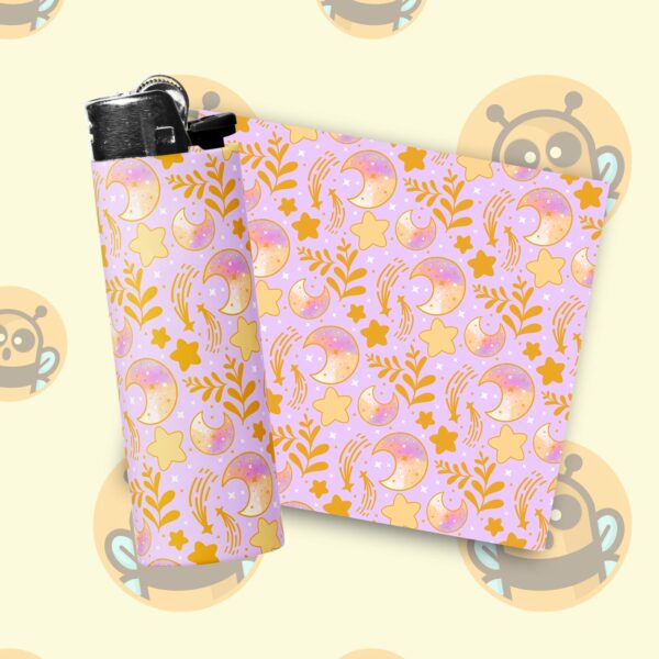 This image shows an adorable hand-drawn lighter wrap, Celestial Moon and Star Lighter Wraps, which is available to purchase from HunnieByte.com