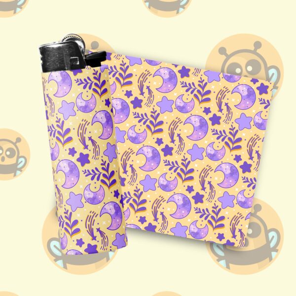 This image shows an adorable hand-drawn lighter wrap, Celestial Moon and Star Lighter Wraps, which is available to purchase from HunnieByte.com