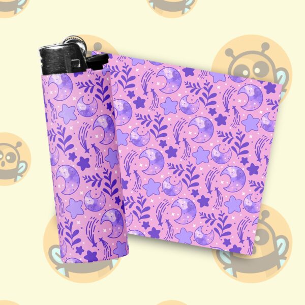 This image shows an adorable hand-drawn lighter wrap, Celestial Moon and Star Lighter Wraps, which is available to purchase from HunnieByte.com