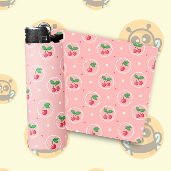 This image shows an adorable hand-drawn lighter wrap, Pink Cherry Lighter Wraps, which is available to purchase from HunnieByte.com