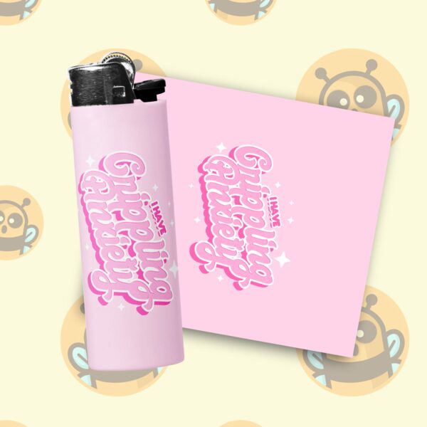 This image shows an adorable hand-drawn lighter wrap, Crippling Anxiety Lighter Wrap, which is available to purchase from HunnieByte.com