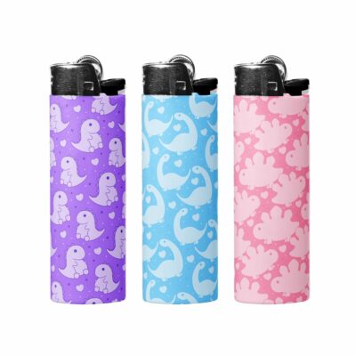 This image shows an adorable hand-drawn lighter wrap, Cute Dinos Lighter Wraps, which is available to purchase from HunnieByte.com