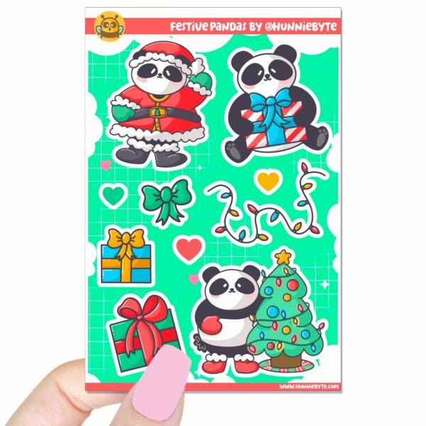 This image shows an adorable hand-drawn sticker sheet, Festive Pandas Sticker Sheet, which is available to purchase from HunnieByte.com