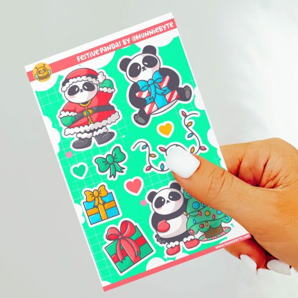 This image shows an adorable hand-drawn sticker sheet, Festive Pandas Sticker Sheet, which is available to purchase from HunnieByte.com