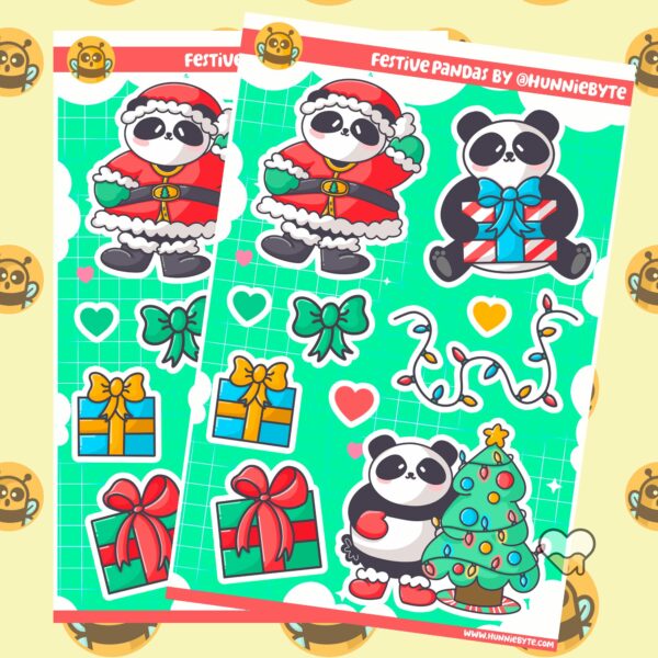 This image shows an adorable hand-drawn sticker sheet, Festive Pandas Sticker Sheet, which is available to purchase from HunnieByte.com