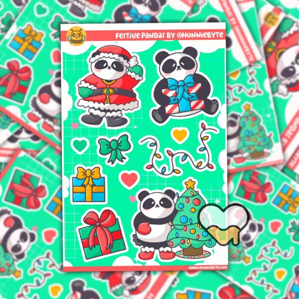 This image shows an adorable hand-drawn sticker sheet, Festive Pandas Sticker Sheet, which is available to purchase from HunnieByte.com