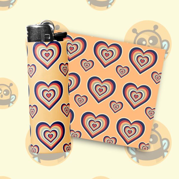 This image shows an adorable hand-drawn lighter wrap, Retro Hearts Lighter Wraps, which is available to purchase from HunnieByte.com