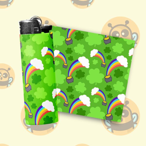 This image shows an adorable hand-drawn lighter wrap, Silly Shamrocks Lighter Wraps, which is available to purchase from HunnieByte.com