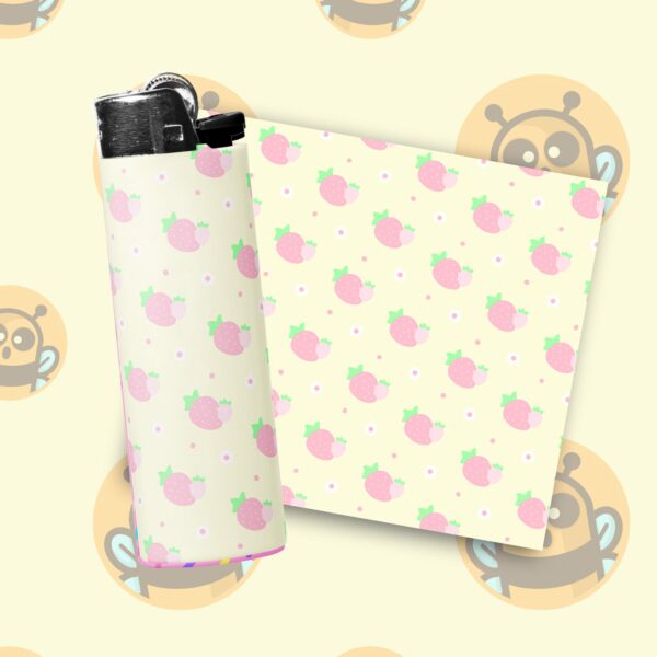 This image shows an adorable hand-drawn lighter wrap, Creamy Strawberry Lighter Wraps, which is available to purchase from HunnieByte.com