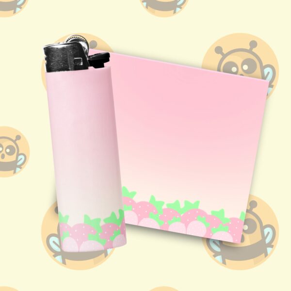 This image shows an adorable hand-drawn lighter wrap, Creamy Strawberry Lighter Wraps, which is available to purchase from HunnieByte.com