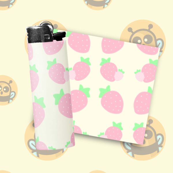 This image shows an adorable hand-drawn lighter wrap, Creamy Strawberry Lighter Wraps, which is available to purchase from HunnieByte.com